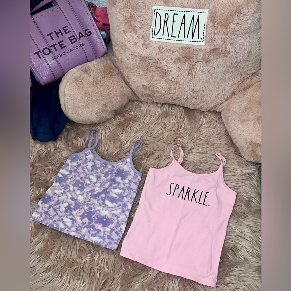 NWOT Rae Dunn Girls Fitted Cropped Camis Set Pink & Purple Sparkle Sz M 8/10